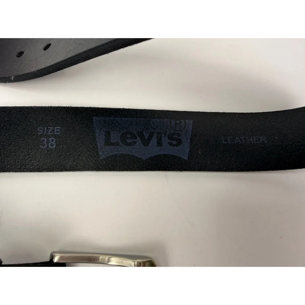 Levis Mens Leather Belt Black Size 38 Silver Tone Harness Buckle Logo Engraved